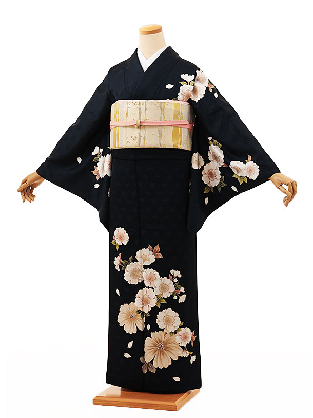 訪問着レンタル t1074 紺地 桜に菊 正絹 新品足袋プレゼント 入学式 結婚式 お宮参り 七五三 お茶会 付下げ 往復送料無料 貸衣装【レンタル】