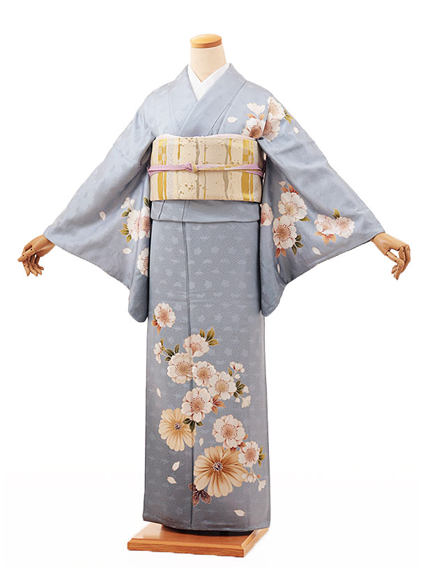 訪問着レンタル t1076 グレー地 桜に菊 正絹 新品足袋プレゼント 入学式 結婚式 お宮参り 七五三 お茶会 付下げ 往復送料無料 貸衣装【レンタル】