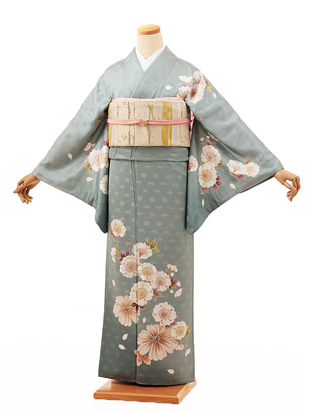 訪問着レンタル t1078 ペールグリーン地 桜に菊 正絹 新品足袋プレゼント 入学式 結婚式 お宮参り 七五三 お茶会 付下げ 往復送料無料 貸衣装【レンタル】