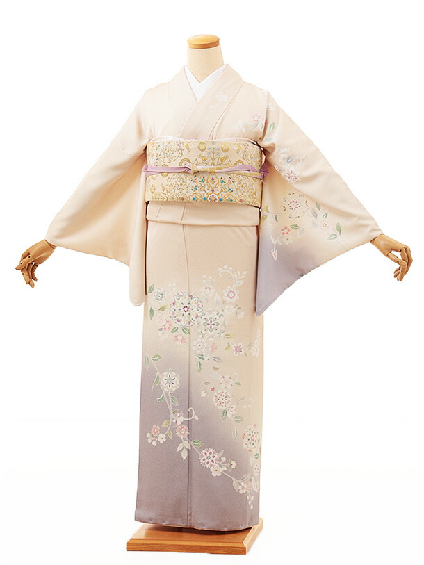 訪問着レンタル t1096 ベージュぼかし唐花(化繊) 新品足袋プレゼント 入学式 結婚式 お宮参り 七五三 お茶会 付下げ 往復送料無料 貸衣装【レンタル】｜京都かしいしょう