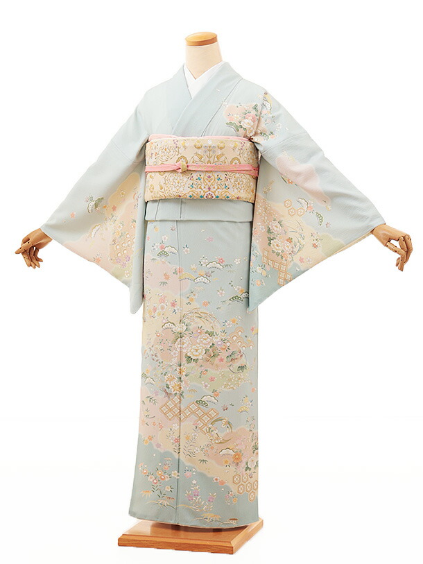 訪問着レンタル t1124 水色雲取り四季花(化繊) 新品足袋プレゼント 入学式 結婚式 お宮参り 七五三 お茶会 付下げ 往復送料無料 貸衣装【レンタル】｜京都かしいしょう 10,508円