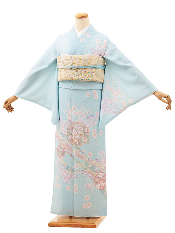 訪問着レンタル t1159 水色桜橘七宝(化繊) 新品足袋プレゼント 入学式 結婚式 お宮参り 七五三 お茶会 付下げ 往復送料無料 貸衣装【レンタル】