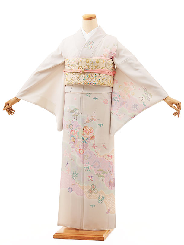 訪問着レンタル t1184 薄グレージュ宝彩道長(化繊) 新品足袋プレゼント 入学式 結婚式 お宮参り 七五三 お茶会 付下げ 往復送料無料 貸衣装【レンタル】