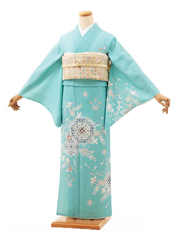 訪問着レンタル t1187 ミント華紋更紗(化繊) 新品足袋プレゼント 入学式 結婚式 お宮参り 七五三 お茶会 付下げ 往復送料無料 貸衣装【レンタル】