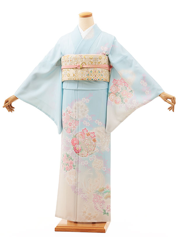 訪問着レンタル t1193 ﾊﾟｽﾃﾙﾌﾞﾙｰ彩美花円(化繊) 新品足袋プレゼント 入学式 結婚式 お宮参り 七五三 お茶会 付下げ 往復送料無料 貸衣装【レンタル】