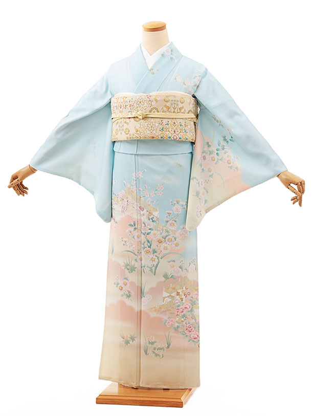 訪問着レンタル t1195 ﾊﾟｽﾃﾙﾌﾞﾙｰ慶賀彩幕(化繊) 新品足袋プレゼント 入学式 結婚式 お宮参り 七五三 お茶会 付下げ 往復送料無料 貸衣装【レンタル】