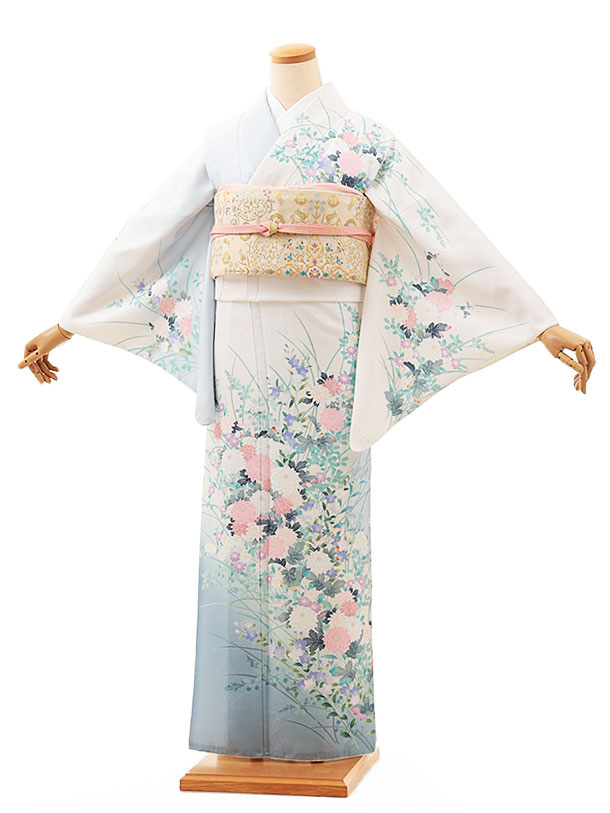 訪問着レンタル t1217 白ブルーぼかし桔梗に菊(化繊) 新品足袋プレゼント 入学式 結婚式 お宮参り 七五三 お茶会 付下げ 往復送料無料 貸衣装【レンタル】