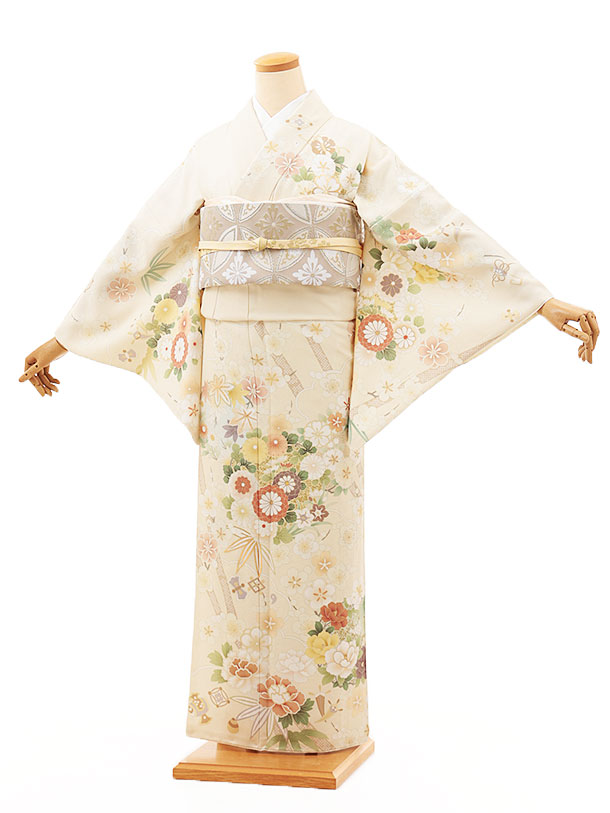 訪問着レンタル t1236 クリーム 吉祥文様に花(化繊) 新品足袋プレゼント 入学式 結婚式 お宮参り 七五三 お茶会 付下げ 往復送料無料 貸衣装【レンタル】