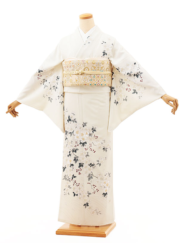 訪問着レンタル t1246 クリーム地 枝花(化繊) 新品足袋プレゼント 入学式 結婚式 お宮参り 七五三 お茶会 付下げ 往復送料無料 貸衣装【レンタル】