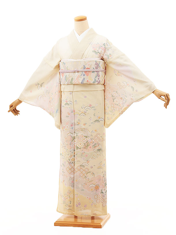 夏 サマー 夏訪問着レンタル 絽 t1257 絽 薄クリーム 四季花(化繊) 新品足袋プレゼント 入学式 結婚式 お宮参り 七五三 お茶会 付下げ 往復送料無料 貸衣装【レンタル】｜京都かしいしょう
