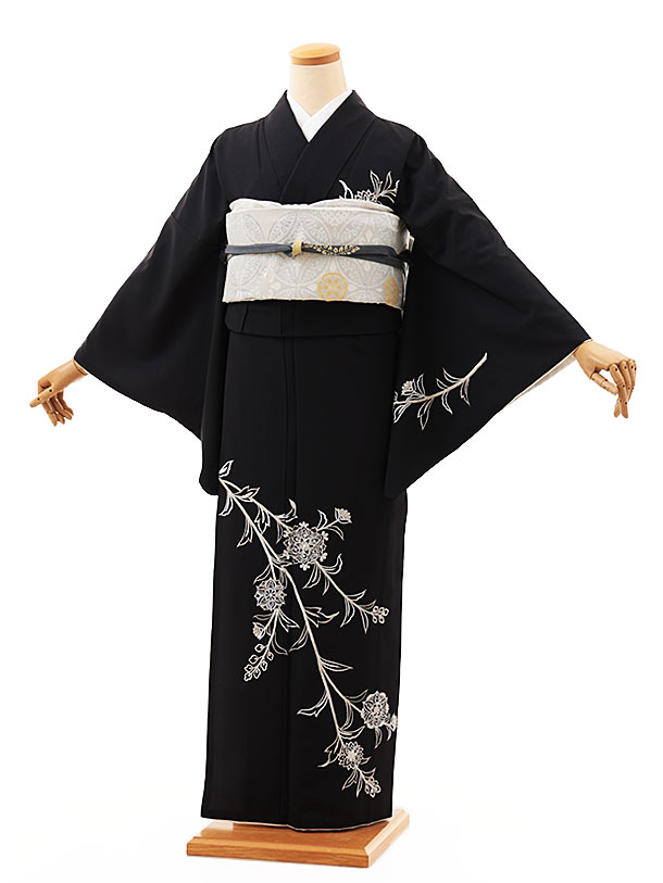 訪問着レンタル t1341 黒地 刺繍 唐花(化繊) 新品足袋プレゼント 入学式 結婚式 お宮参り 七五三 お茶会 付下げ 往復送料無料 貸衣装【レンタル】