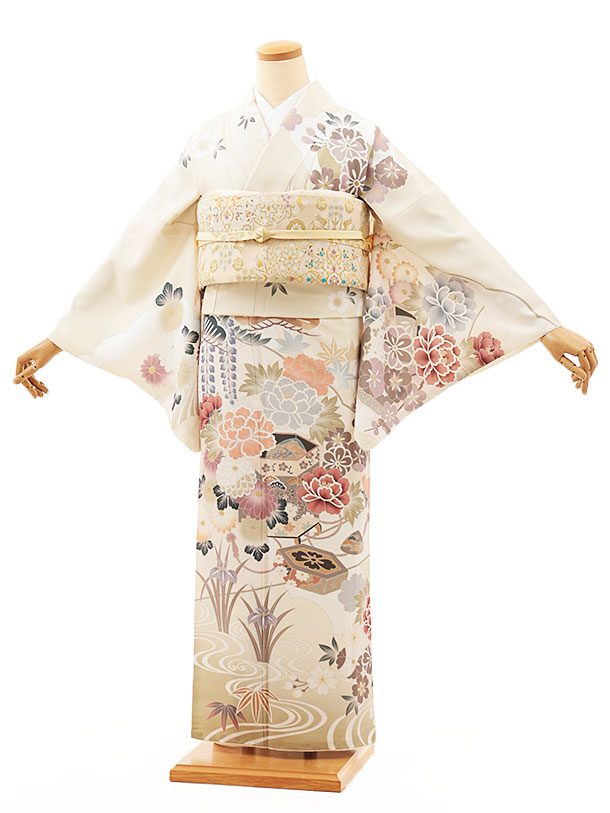 訪問着レンタル t1377 クリームベージュ貝桶に四季花(化繊) 新品足袋プレゼント 入学式 結婚式 お宮参り 七五三 お茶会 付下げ 往復送料無料 貸衣装【レンタル】｜京都かしいしょう