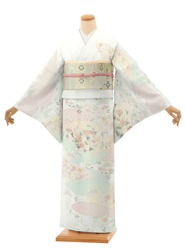 訪問着レンタル t1407 オフ白地 雲取り 四季花(化繊) 新品足袋プレゼント 入学式 結婚式 お宮参り 七五三 お茶会 付下げ 往復送料無料 貸衣装【レンタル】