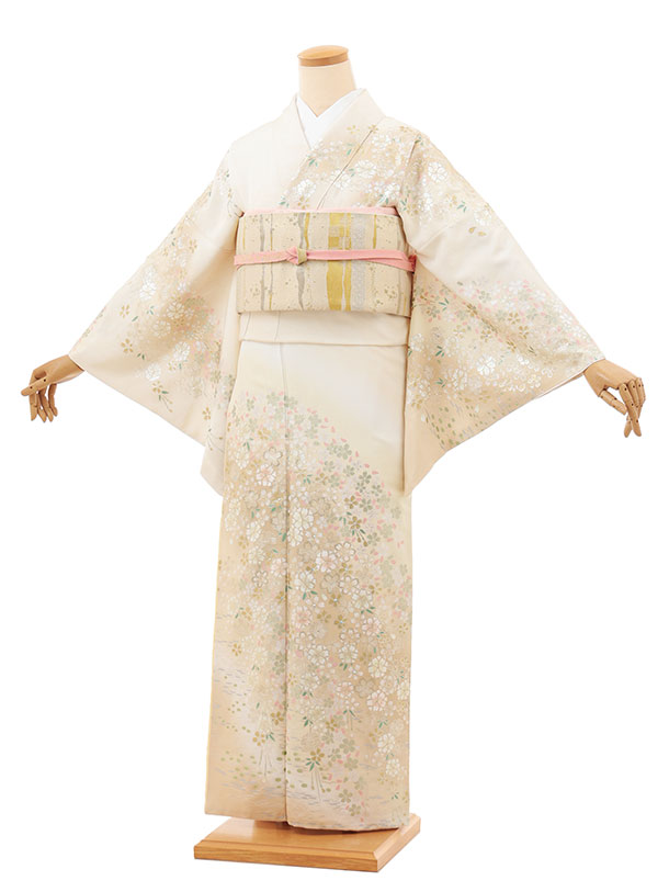 訪問着レンタル t1428 桂由美 ベージュ 金彩 桜 正絹 新品足袋プレゼント 入学式 結婚式 お宮参り 七五三 お茶会 付下げ 往復送料無料 貸衣装【レンタル】