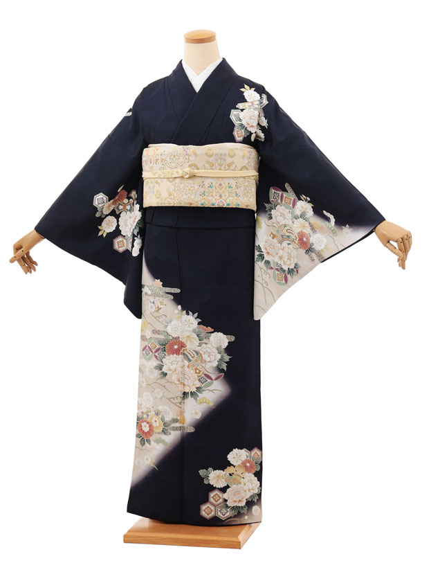 訪問着レンタル t1455 紫紺 小槌に牡丹花 正絹 新品足袋プレゼント 入学式 結婚式 お宮参り 七五三 お茶会 付下げ 往復送料無料 貸衣装【レンタル】