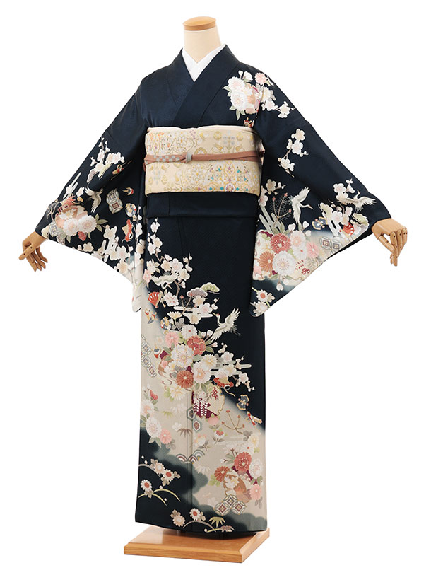 訪問着レンタル tt1479 紺地 吉祥文様に花(トールサイズ) 正絹 新品足袋プレゼント 入学式 結婚式 お宮参り 七五三 お茶会 付下げ 往復送料無料 貸衣装【レンタル】