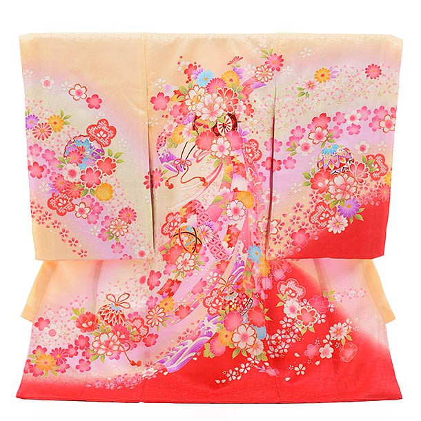 お宮参り　産着　祝着　赤　花車　鹿の子絞り柄　女の子　襦袢付き レンタル] 女の子 お宮参り 産着 レンタル6点フルセット 正絹 鈴