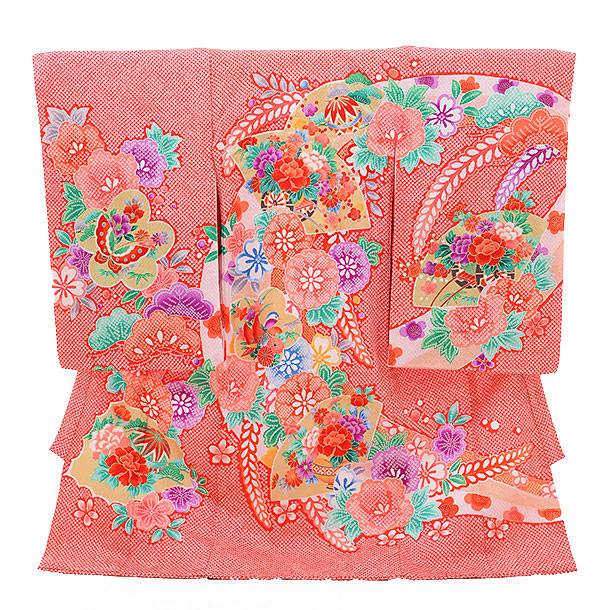 お宮参り 産着 祝着 赤 花車 鹿の子絞り柄 女の子 襦袢付き お宮参り