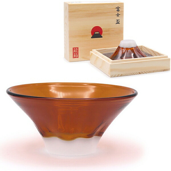 富士　盃(琥珀)　［日本酒 お酒 観光 プレゼント 焼酎 お祝い 宅飲み 晩酌 記念 おしゃれ 食器 贈り物 贈答用 耐熱ガラス 来客用 木箱 良質 赤富士］【B-3473_067245】画像