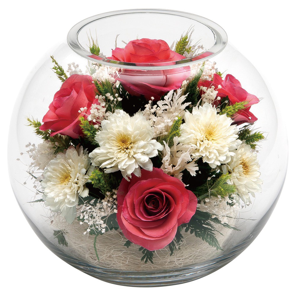 ドライフラワー 花 ギフト プレゼント ガラス 花器 バラ 薔薇 アレンジ 贈り物 お祝い お供え おしゃれ 高級 母の日 [whd][md][kd] / グラスウェアフラワー ローズ&マム ラウンドL ミックス