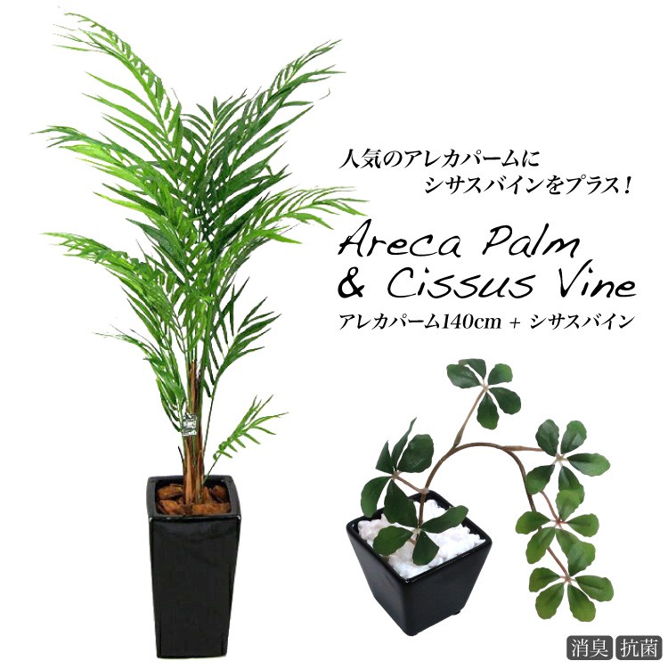 激安特価 人工観葉植物 フェイクグリーン 観葉植物 造花 光触媒 大型 アレカヤシ アレカパーム 140cm 陶器 M鉢とシサスバインのセット フェイク グリーン インテリア Ct触媒 Areca あす楽 フェイクグリーンの神戸花物語 Nso Mn