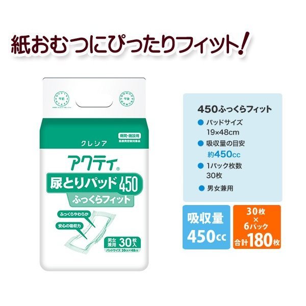 アクティ 小水とりパッド 450 陳列棚譲る やんわり一致 30枚初め 6パック日本製紙ふっくらフィットで股下にかっちりフィット 男女兼用 お素肌に手軽い やわらか体スルー第一腰かけ エンボス製造で尿をすばやく吸う 立体ギャザーが犇々立ちあがり御側モレを守備 消臭