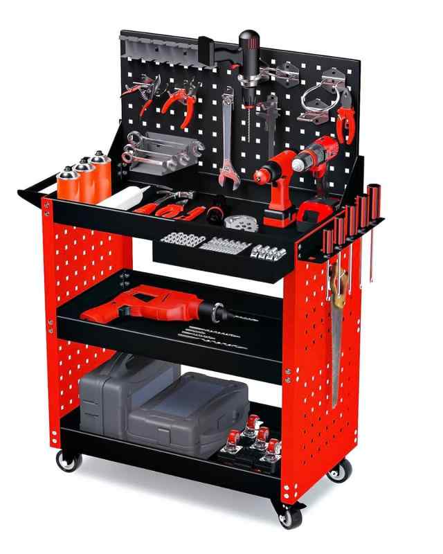 MIMIER ツールワゴン ツールカート 工具ワゴン 工具カート 3段 キャスター付 メッシュパネル 側面プレート 耐荷重195KG 360度回転 ハンドル レッド ブラック フック付き DIY ガレージ