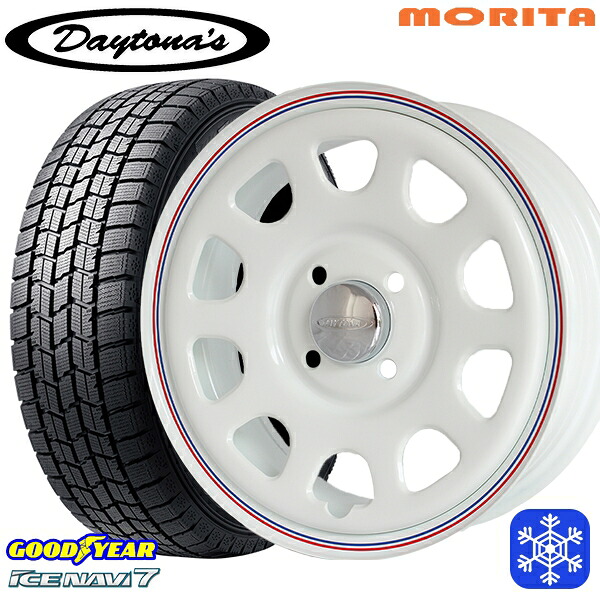 155/65R14 N-BOX タント 2024~2025年製 グッドイヤー アイスナビ7 NAVI7 MRT DAYTONA'S G2 デイトナズ ホワイト 14インチ 5.0J 4H100+42 スタッドレスタイヤホイール4本セット|タイヤホイール激安王国