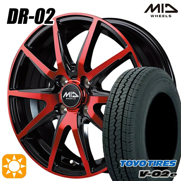 軽トラ軽バン用 145/80R12 80/78N トーヨー V02E V-02E MID DR02 ブラックポリッシュ+レッドクリア 12インチ 新品サマータイヤホイール 4本セット 送料無料