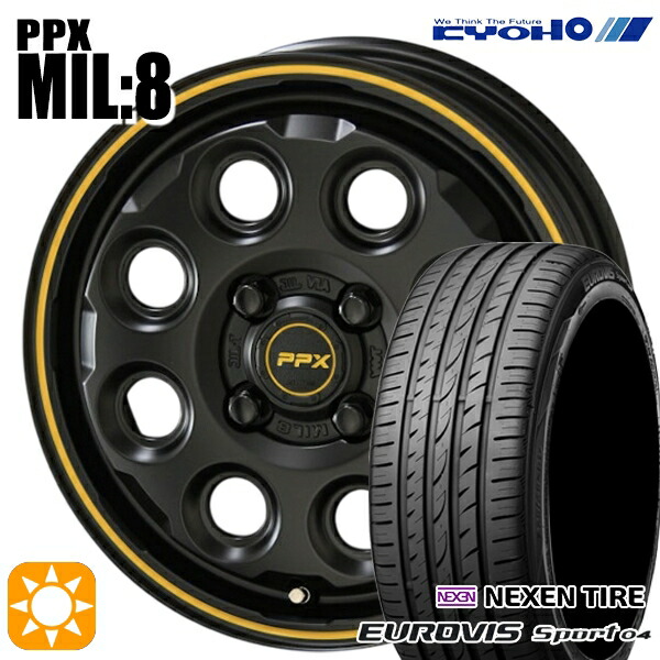 4/20ﾎﾟｲﾝﾄ10倍★165/60R14 75H ロードストーン ユーロビズ Sport 04 KYOHO PPX MIL:8 セミグロスブラック×イエローライン 14インチ 4.5J 4H100 サマータイヤホイールセット