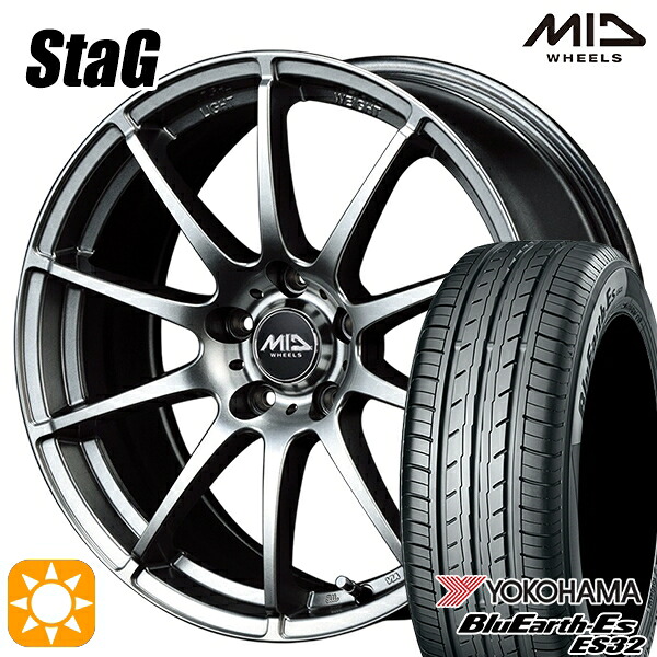 225/45R18 95W XL ヨコハマ ブルーアース ES32 MID スタッグ メタリックグレー 18インチ 7.0J 5H114.3 サマータイヤホイールセット|タイヤホイール激安王国