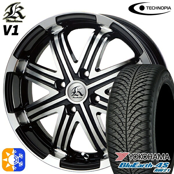 155/65R14 75H ヨコハマ ブルーアース 4S AW21 テクノピア カシーナ V1 ブラックポリッシュ 14インチ 4.5J 4H100 オールシーズンタイヤホイールセット
