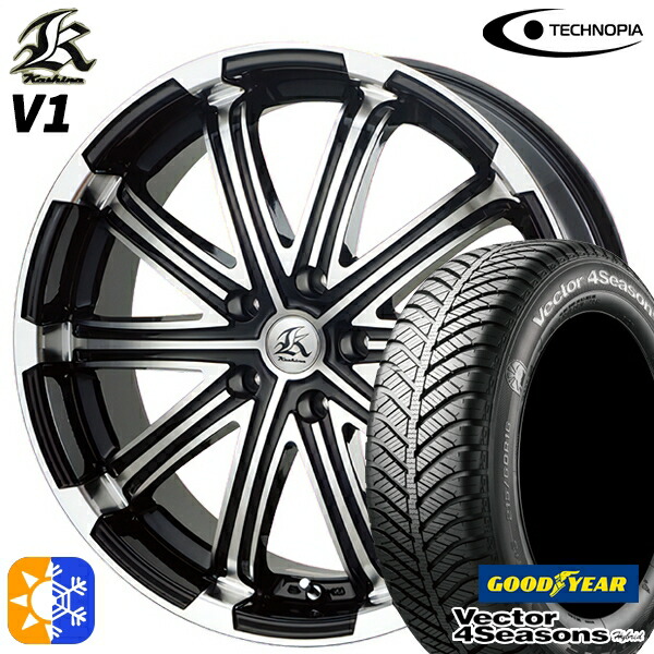 225/55R17 101H XL グッドイヤー ベクター フォーシーズンズ テクノピア カシーナ V1 ブラックポリッシュ 17インチ 7.0J 5H114.3 オールシーズンタイヤホイールセット