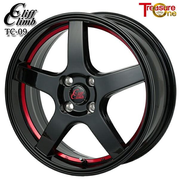 15インチ 5.5J 4H100 +43 トレジャーワン クリフクライム TC09 ブラックアンダーカットレッドクリア アルミホイール単品 4本（1台分）送料無料