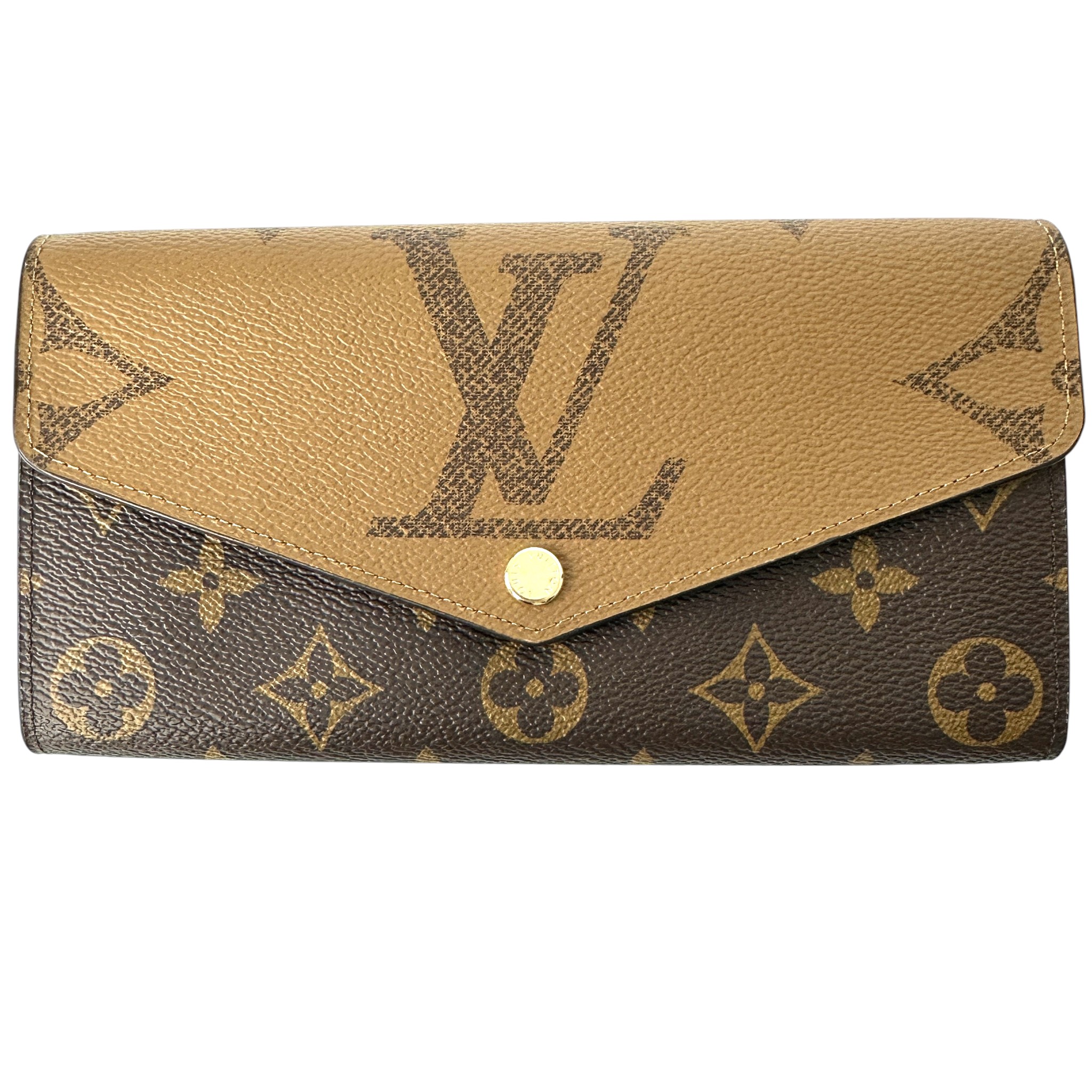 【Louis Vuitton】 ルイ・ヴィトン ポルトフォイユ・サラ M80726 モノグラム モノグラム・ジャイアント リバース キャンバス ブラウン系 イニシャル入り スナップボタン 二つ折り 長財布 財布 レディース 【中古】 USED-S 【9356】 質屋かんてい局仙台卸町店 店