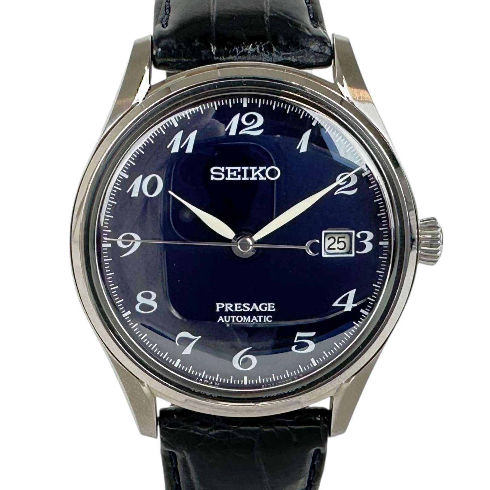 【SEIKO】 セイコー プレサージュ デイト SARA019 琺瑯文字盤 ネイビー文字盤 40mm レザーベルト メンズ 自動巻き 腕時計 時計 【中古】 USED-B 【9304】 質屋かんてい局仙台卸町店 店