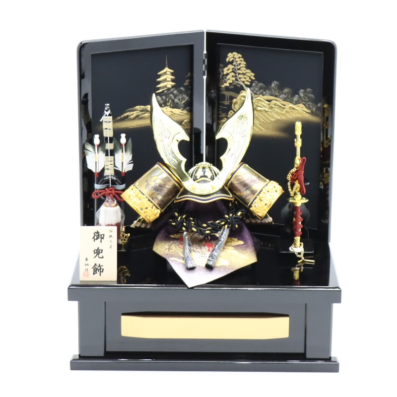 五月人形 兜 収納飾り 貴翔作 11号 雪波 幅48cm 炎鍬形 黒塗 金彩五重塔屏風 白深緑縅 金小札 収納型 端午の節句 節句 お祝い インテリア