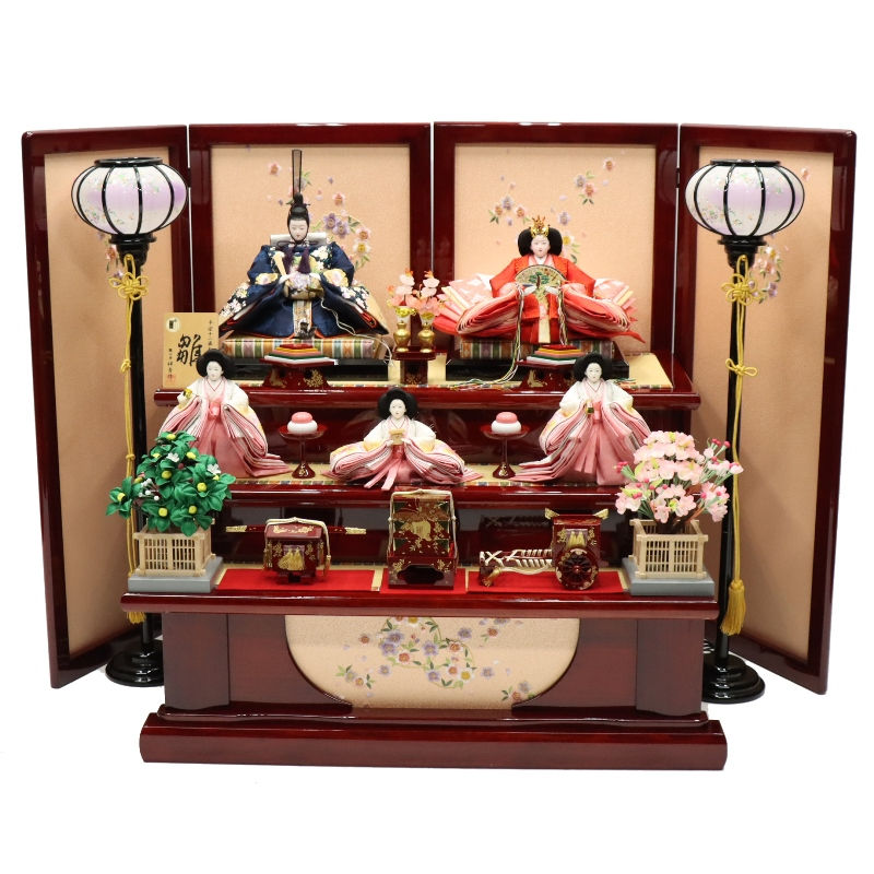 雛人形 段飾り 春菜 十番親王 小三五官女 雪輪桜刺繍 春慶塗り落とし屏風辻が花 2025-yg005 幅140cm 三段飾 5人 ひな人形 お雛様 桃の節句 節句 お祝い インテリア