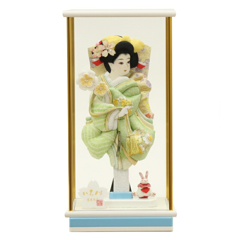 羽子板 ケース飾り いろは 10号 高さ44.5cm グリーン ホワイト×ブルーケース (2024-tst070) 押絵振袖羽子板 ケース入り お正月飾り