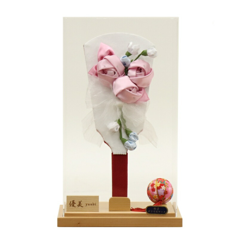 羽子板 ケース飾り つむぎ 10号 高さ38.5cm つまみ細工 アクリル クリアケース (2025-ts011) ピンク・白 ケース入り お正月飾り