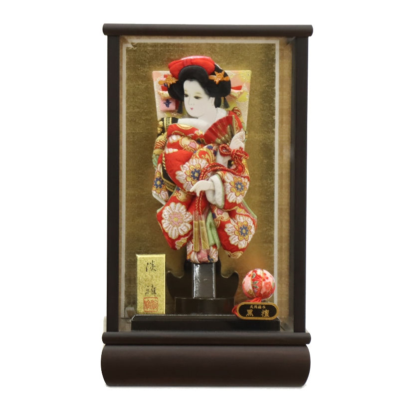 羽子板 ケース飾り ゆず 8号 高さ36cm 花小町振袖 道成寺 銘木 黒檀ケース (2025-ts013) 押絵振袖羽子板 ケース入り お正月飾り