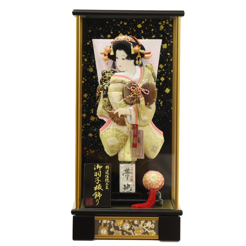 羽子板 ケース飾り 華宝 10号 高さ47cm 帯地 黒塗り 初春ケース (2025-ts022) 押絵振袖羽子板 ケース入り お正月飾り