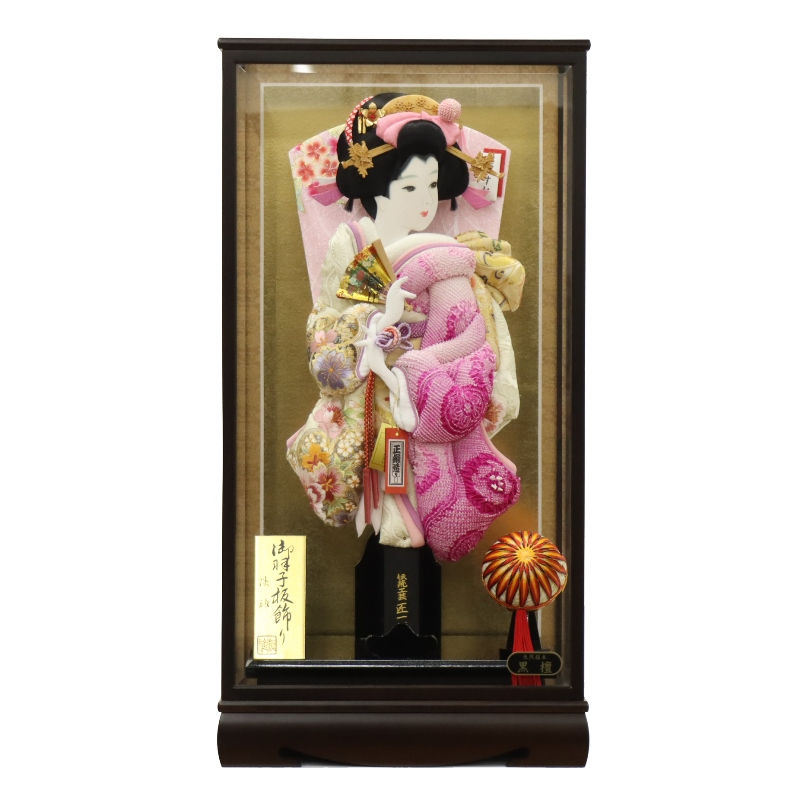 羽子板 ケース飾り れい 20号 高さ78cm 正絹刺繍四季ぼかし 匠一好 銘木 黒檀戸付ケース (2025-ts055) 押絵振袖羽子板 ケース入り お正月飾り
