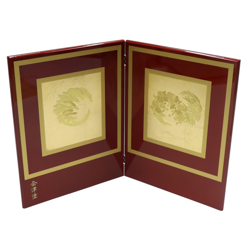 アウトレット品 屏風 屏風のみ 51cm 二曲屏風 赤塗り 金枠 松竹梅 200-25 115B 幅65~70cm (23a-ya-0301) インテリア ディスプレイ 見切処分品