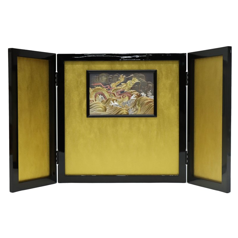 アウトレット品 屏風 屏風のみ 15号 三曲屏風 黒塗枠 彩色龍 幅70～75cm (23a-ya-0368) インテリア ディスプレイ 見切処分品