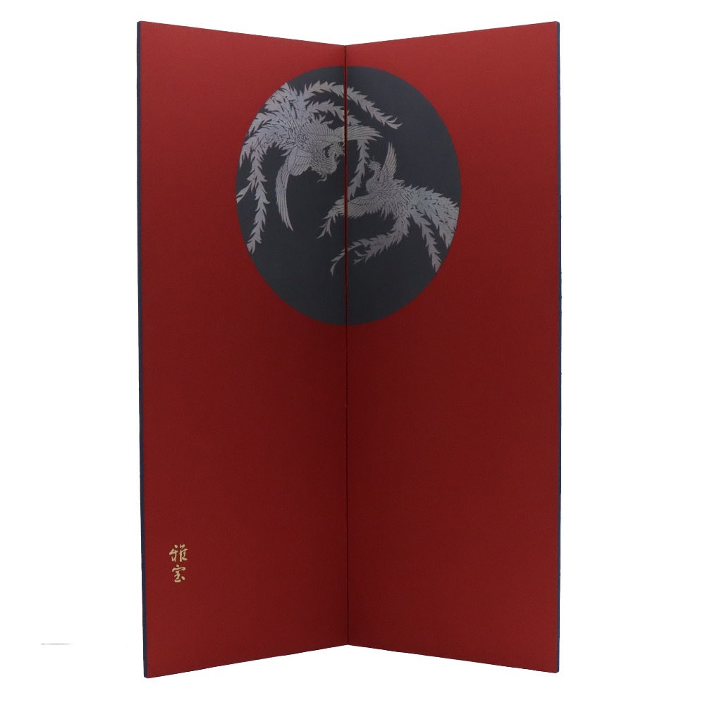 アウトレット品 屏風単品 二曲屏風 4尺 エンジ色 黒の月に鳳凰 レトロ アートスタンド 幅80cm (26a-ya-0898) インテリア ディスプレイ 見切処分品
