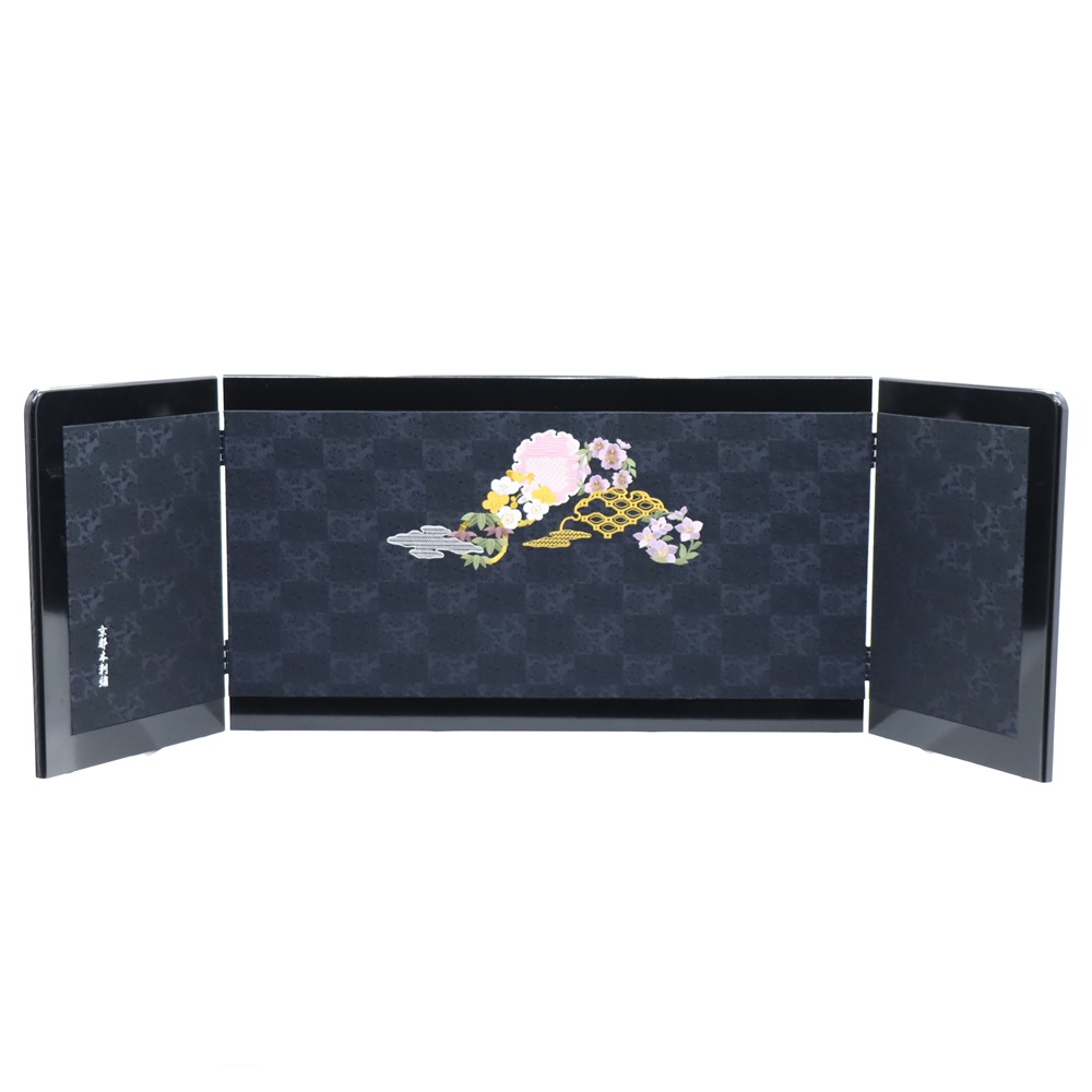 アウトレット品 屏風単品 三曲屏風 15号 ブラック 刺繍雪輪に桜 レトロ アートスタンド 幅0cm (26a-ya-0949) インテリア ディスプレイ 見切処分品