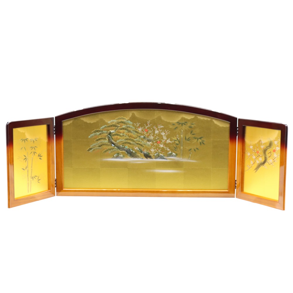 アウトレット品 屏風単品 三曲金屏風 15号 ゴールド 王朝塗り レトロ アートスタンド 幅145cm (26a-ya-0967) インテリア ディスプレイ 見切処分品