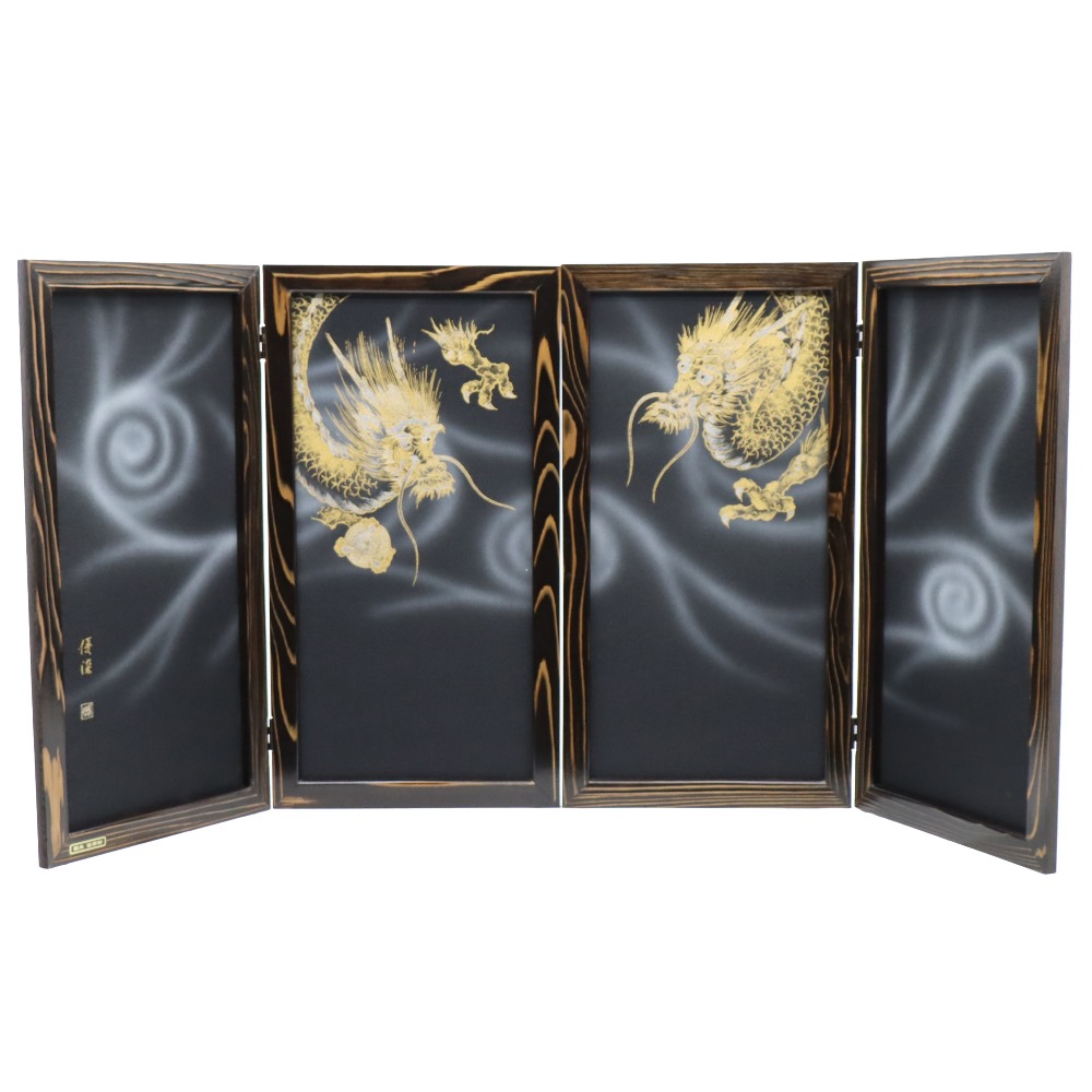 アウトレット品 屏風単品 二曲一双屏風 25号 ブラック 手描き龍 レトロ アートスタンド 幅40cm (26a-ya-1000) インテリア ディスプレイ 見切処分品