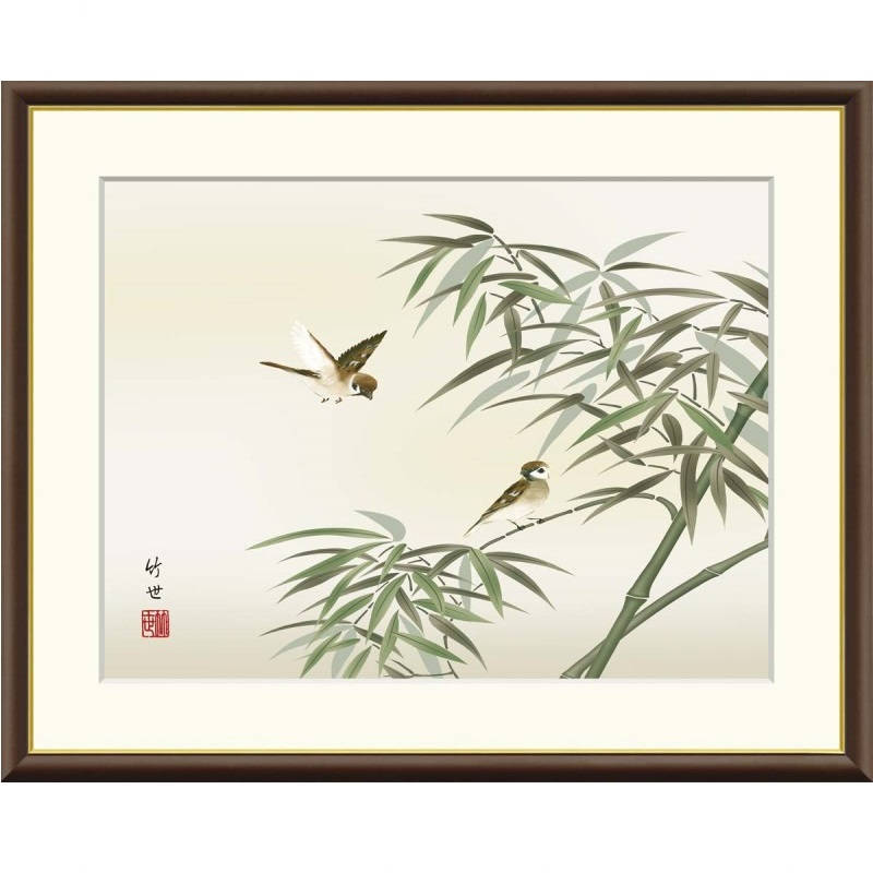 漆絵　真保由斎「雀と竹」 額装　日本美術画 0000000134492_GvFCDoL.jpg